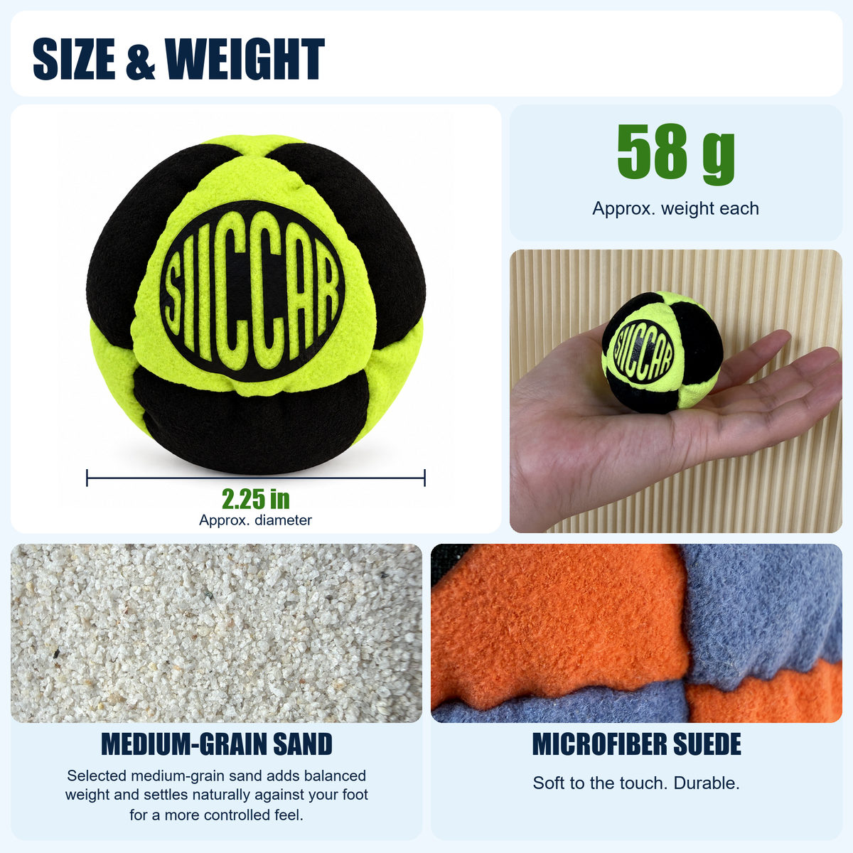 SIICCAR Hand-Sewn Footbag | 8 Panel Sand Filled |-Neon green + black