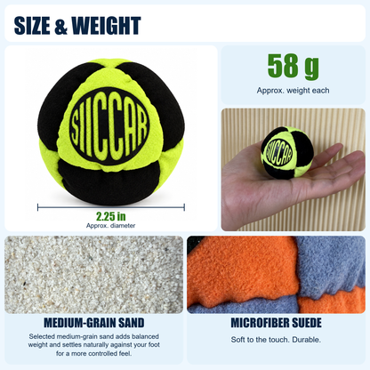 SIICCAR Hand-Sewn Footbag | 8 Panel Sand Filled |-Neon green + black